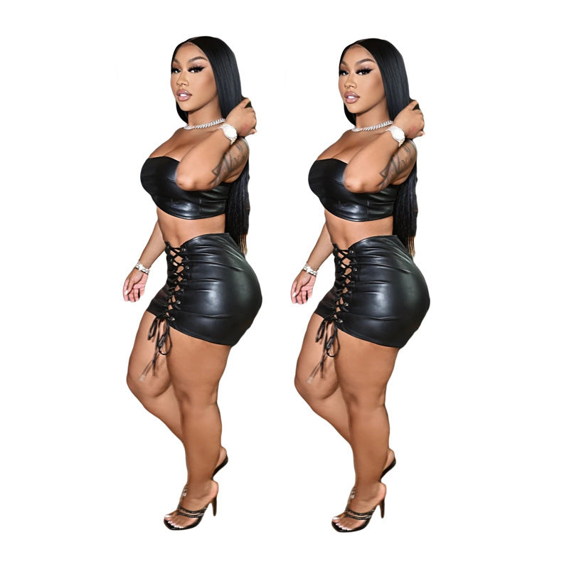 Sexy Solid Hollow Out Tie-Wrap Strapless Skirt Set