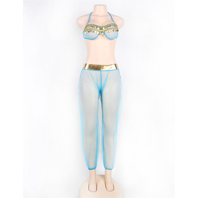 Conjunto de lencería sexy europea y americana Malla transparente de la India