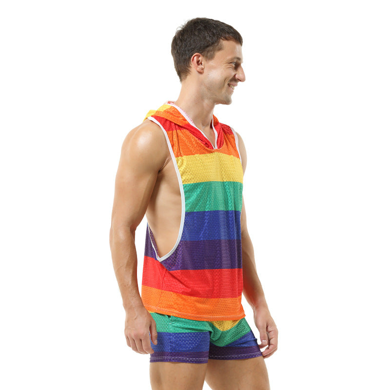 Rainbow Hooded Men's Vest V-neck Hollow Breathable Thin Sexy Sleeveless Loose I-shaped Top Without Pants
