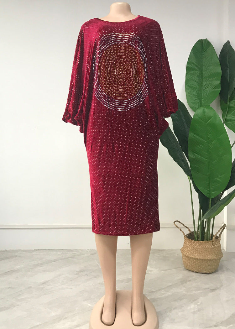 Ladies Hot Rhinestone Bat Sleeve Casual Dress