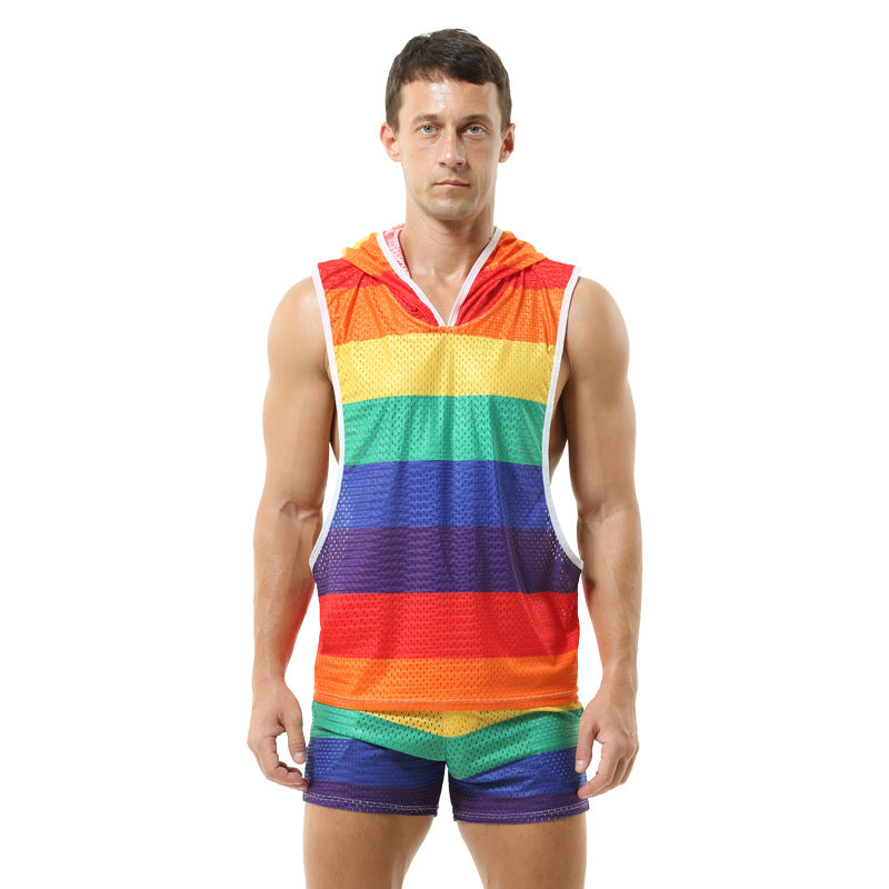 Rainbow Hooded Men's Vest V-neck Hollow Breathable Thin Sexy Sleeveless Loose I-shaped Top Without Pants