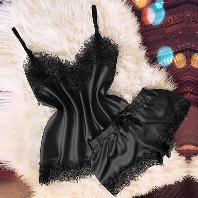 Lencería sexy para mujer, ropa de dormir, camisola, pantalones cortos con lazo, cuello en V