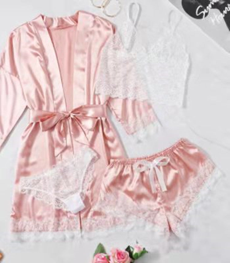 Lencería Satén Rosa Abrigo A Rayas Sujetador De Encaje Ropa Interior Conjunto De Cuatro Piezas