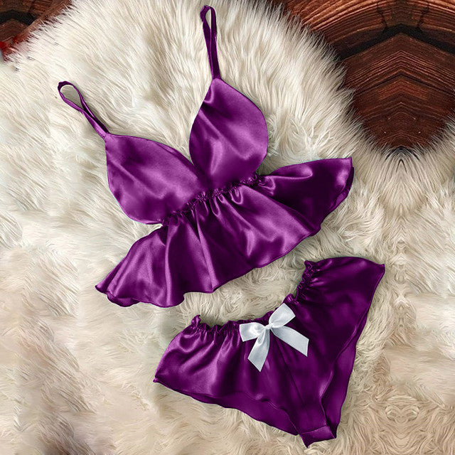 Lencería sexy para mujer, ropa de dormir, camisola, pantalones cortos con lazo, cuello en V