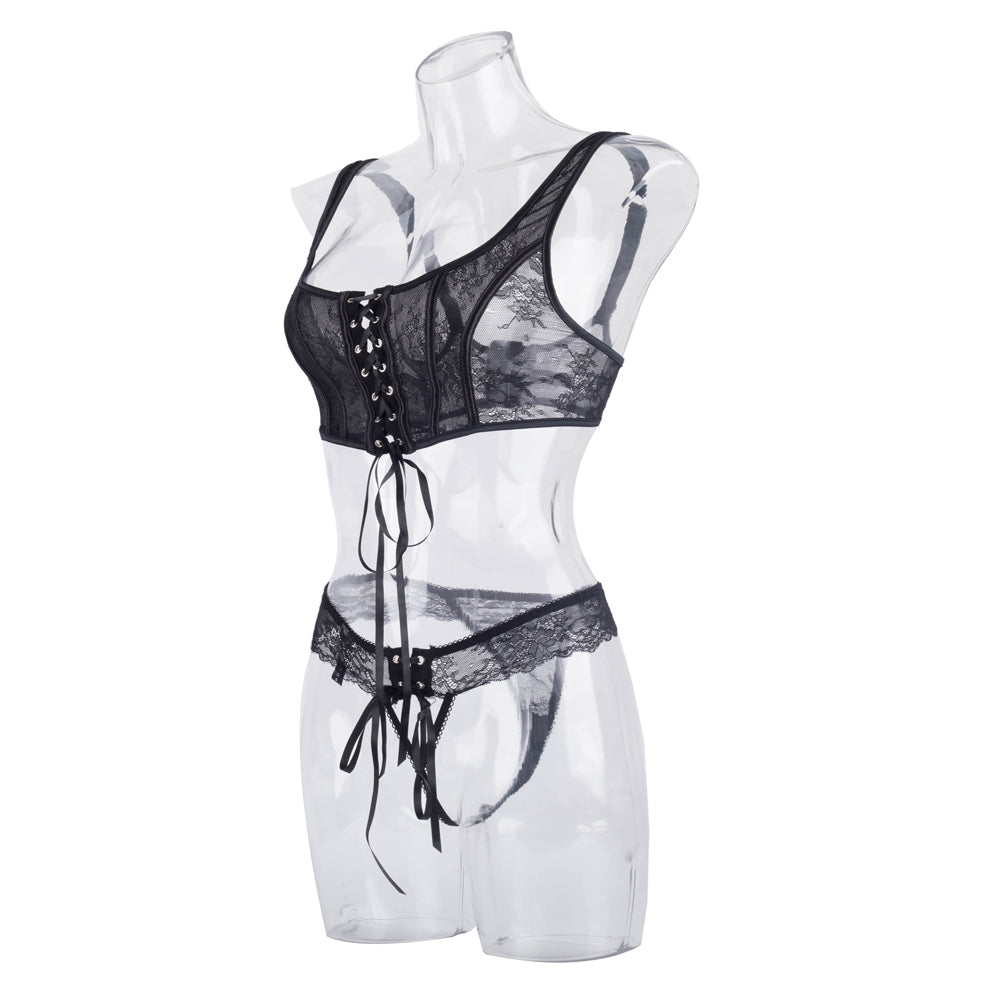 Black Sexy Two Piece Suit Lace Up Steel Ring Cross Sexy Lingerie Body Shaping Two Piece Suits