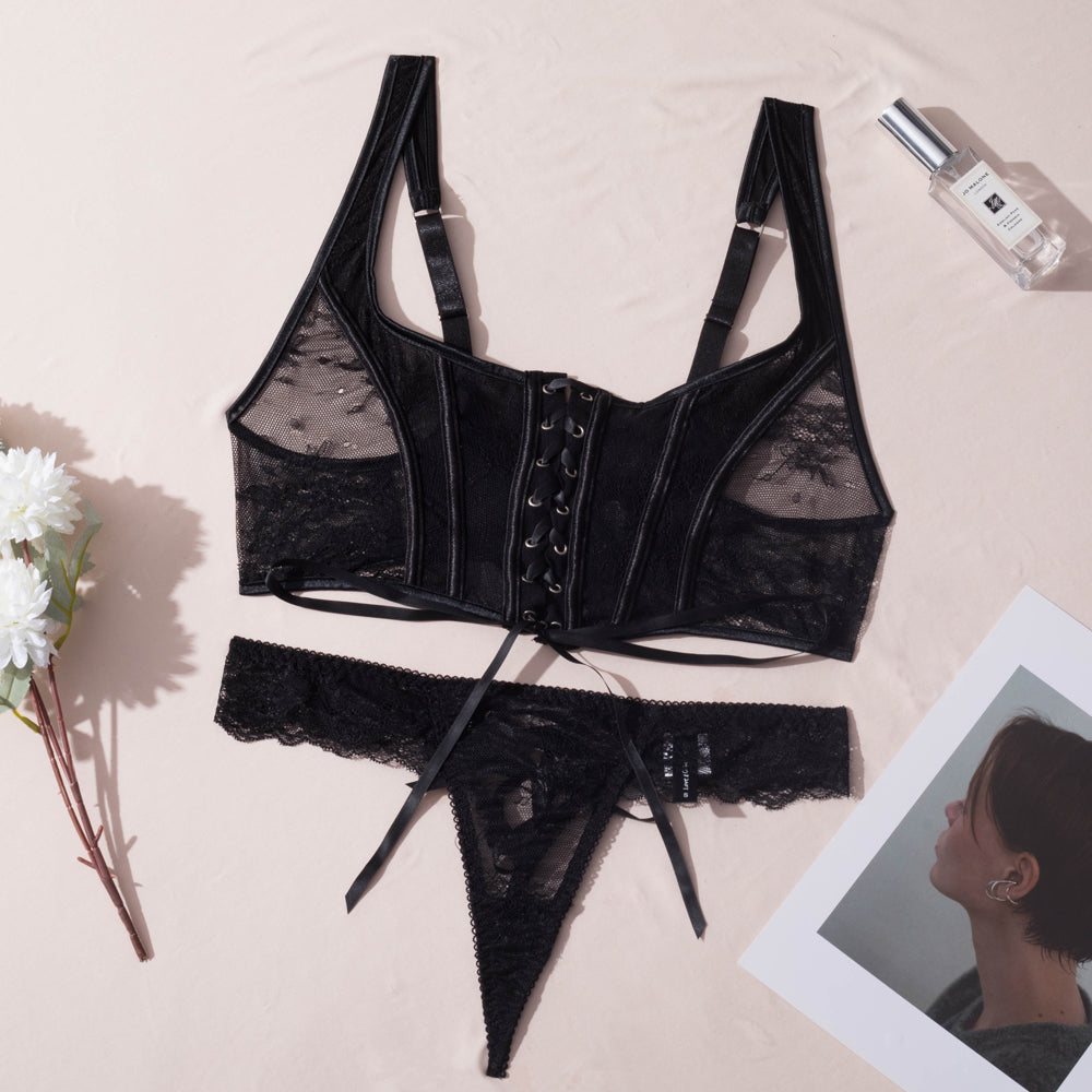 Black Sexy Two Piece Suit Lace Up Steel Ring Cross Sexy Lingerie Body Shaping Two Piece Suits