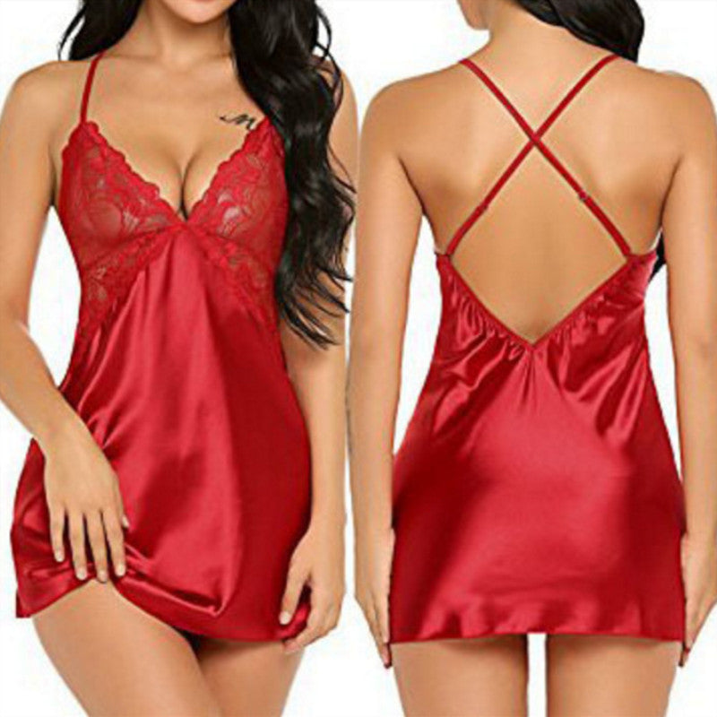 Ladies Sexy Underwear Home Mesh Pajamas Criss Cross Slip Nightdress Nightgown Set