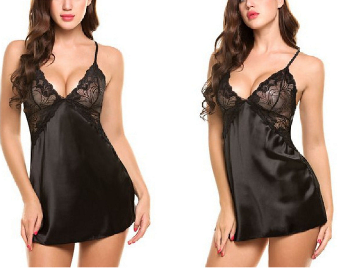 Ladies Sexy Underwear Home Mesh Pajamas Criss Cross Slip Nightdress Nightgown Set