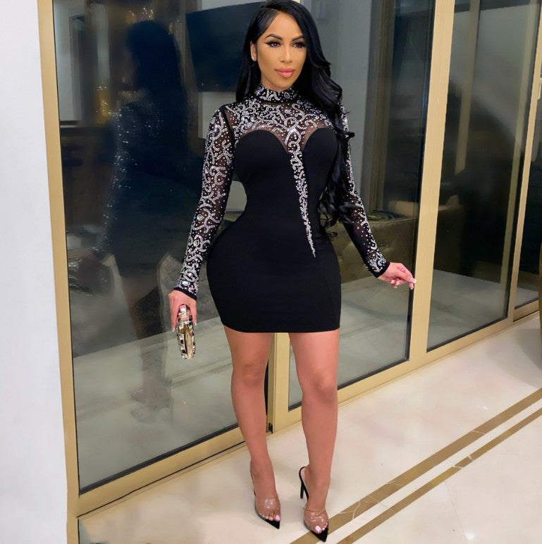 Sexy Stitching Perspective Hot Rhinestone Long-sleeved Hip Dress