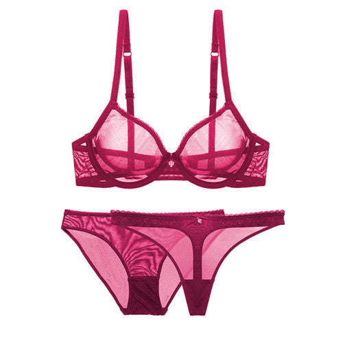 Underwear Ultra Thin Transparent Mesh Bra Set plus Transparent Sexy T Shaped Panties 3 Piece Set