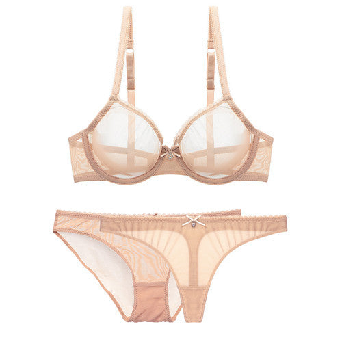Underwear Ultra Thin Transparent Mesh Bra Set plus Transparent Sexy T Shaped Panties 3 Piece Set
