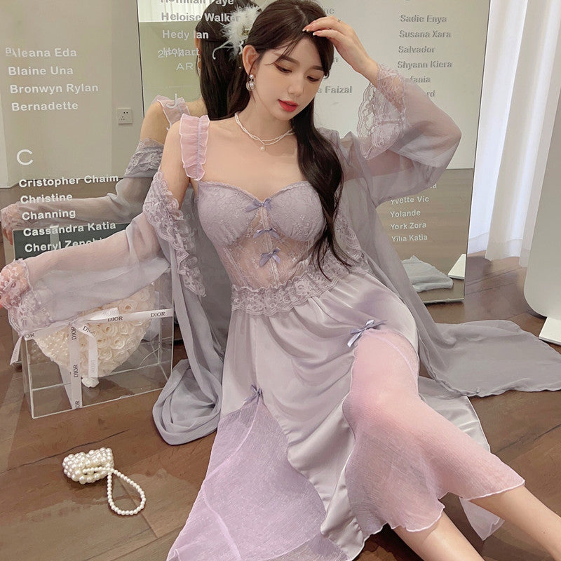 Ensemble deux pièces avec coussinet de poitrine pour femmes, chemise de nuit en soie glacée