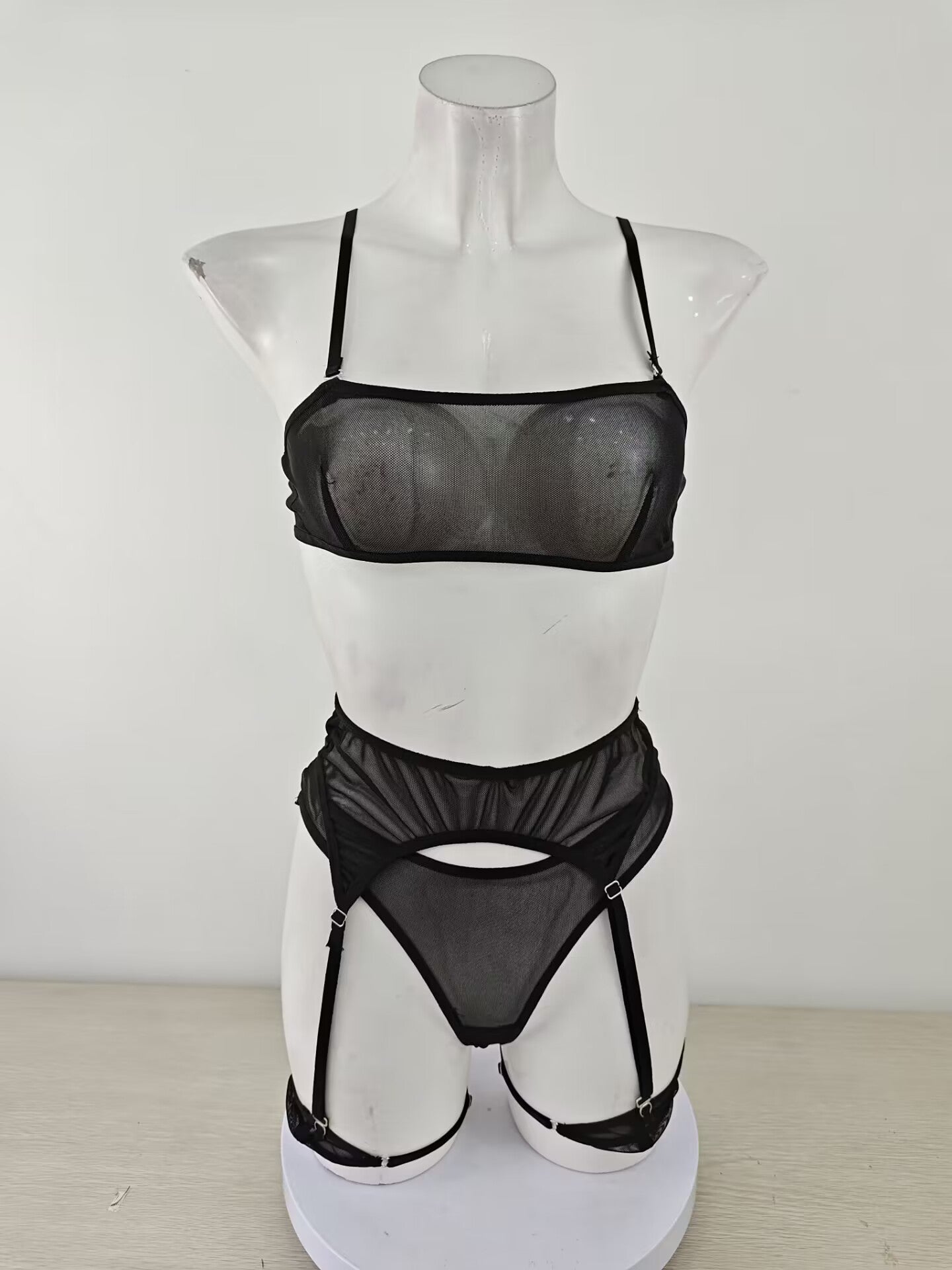 Sexy Translucent Solid Color Mesh Three Bikini Sexy Lingerie Set