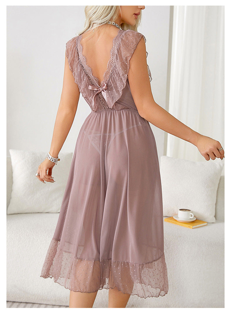 Chemise de nuit Sexy à pois, robe princesse caraco d'été pour femmes, pyjama privé en maille, dos nu, vêtements d'extérieur