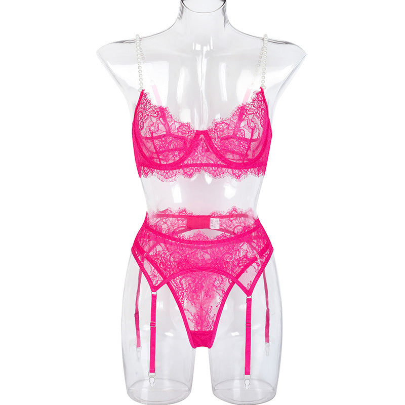 Ensemble de lingerie trois pièces en dentelle brodée et maille perlée pour femmes