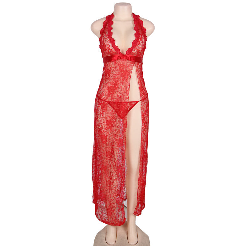 Honeymoon Bed Red Sexy Underwear Lace Halter Maxi Dress Set