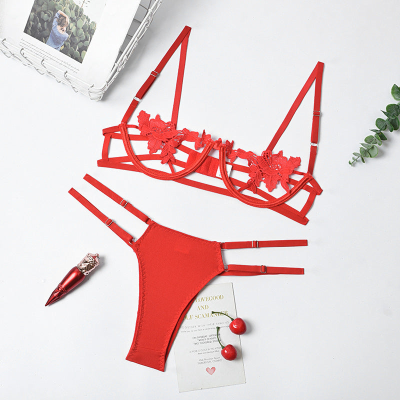 Women Clothes Sexy Cutout Floral Steel Ring Gathered Women Sexy Underwear Two Piece Set