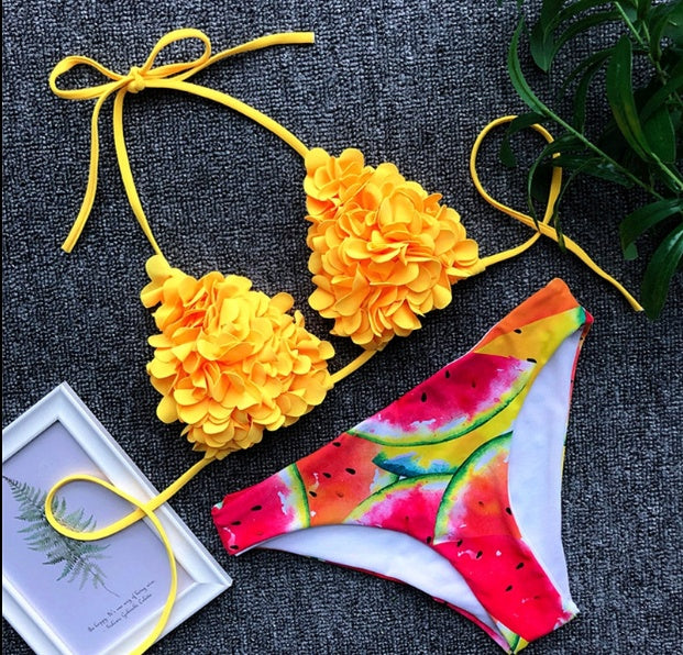 Cut Flower Bikini Sexy Print Swimsuit Set New Triangle Bag Small Chest Swimsuit