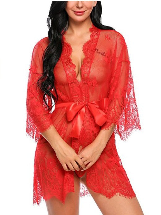 Cardigan en dentelle ajourée, pyjama à manches longues, Europe et états-unis, XL, lingerie sexy de style kimono pour femmes