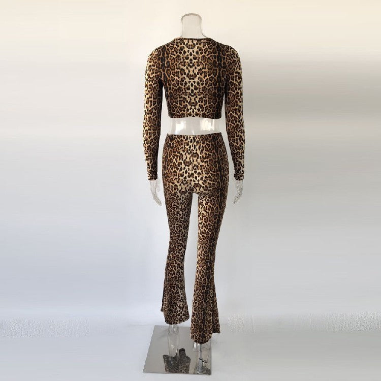 Ensemble pantalon évasé sexy léopard ras du cou