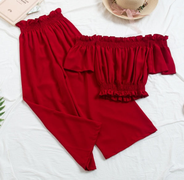 Nouvelle plage deux pièces ensembles vêtements femmes Sexy Slash cou haut court avec pantalon ample costumes été femme 2 pièces ensemble Feminino