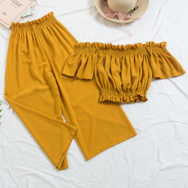 Nouvelle plage deux pièces ensembles vêtements femmes Sexy Slash cou haut court avec pantalon ample costumes été femme 2 pièces ensemble Feminino