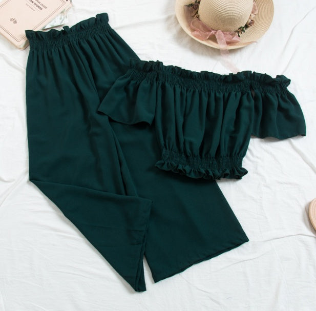 Nouvelle plage deux pièces ensembles vêtements femmes Sexy Slash cou haut court avec pantalon ample costumes été femme 2 pièces ensemble Feminino