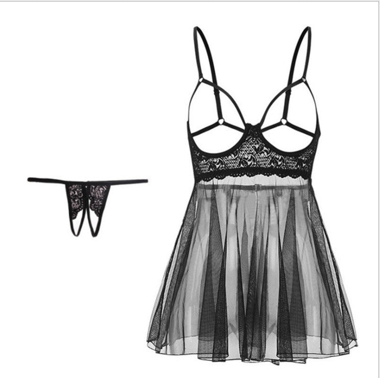 Babydoll de encaje Sexy para mujer, lencería con sujetador abierto en la entrepierna, Chemise con flores flotantes, vendaje Retro, vestido Cheongsam dividido, uniforme