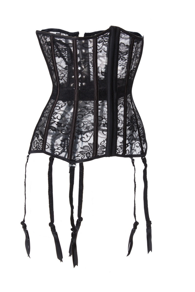 Corsé de corte de encaje de malla transparente sexy con lunares de lencería sexy