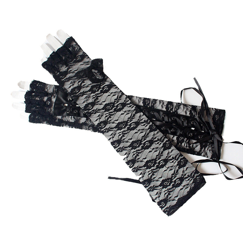 Long Half-Finger Lace Tie Ribbon Rivet Gloves