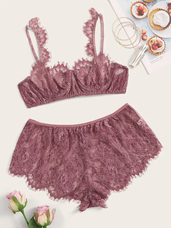 Eyelash Lace Tube Top Thin Wireless Non Convex Perspective Bra Set Sexy Lingerie for Women