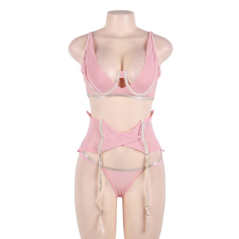 Ensemble pyjama rose transparent avec jarretelles et jarretelles sexy