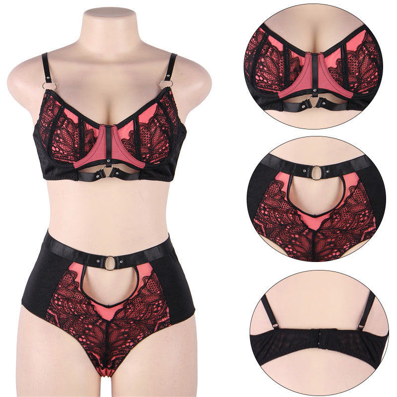 Grand ensemble de soutien-gorge sexy en satin rose sexy avec coutures en dentelle