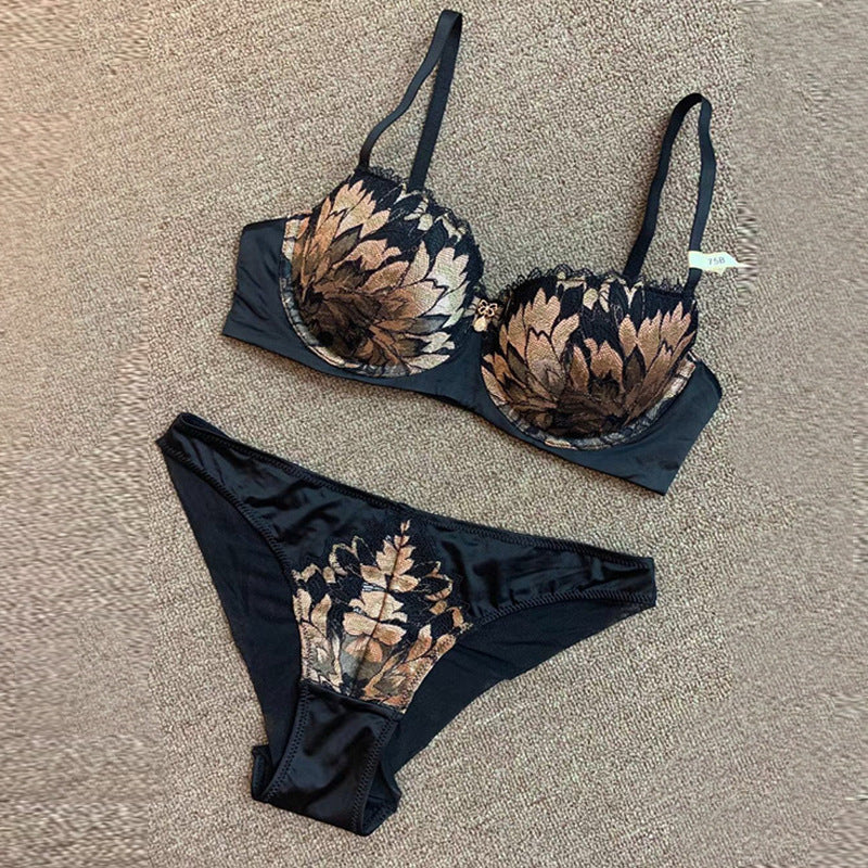 Ensemble de soutien-gorge froncé sexy en dentelle et soie dorée