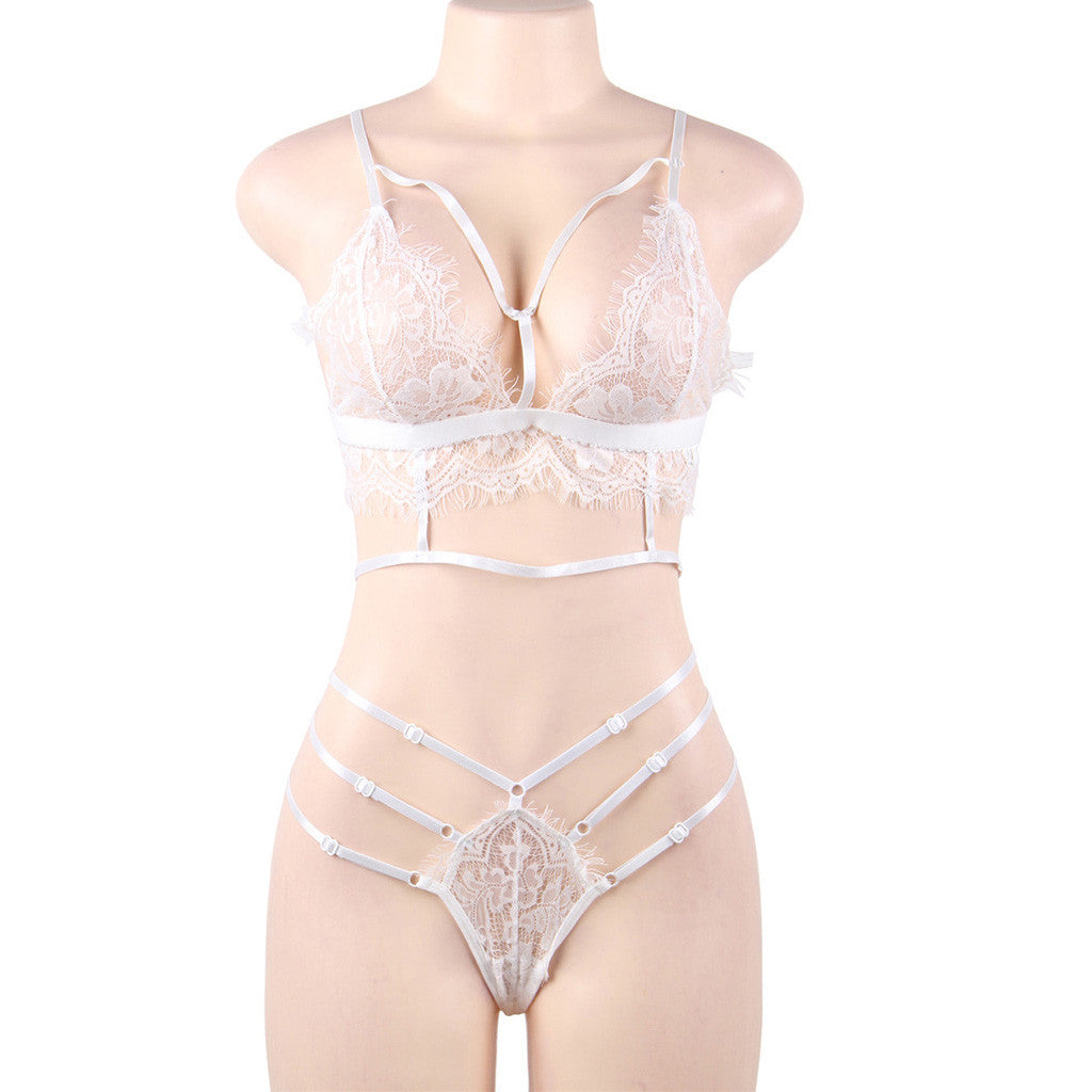 2019 European And American Lingerie Ladies Sexy Eyelash Perspective strap Three-point Two-piece Set