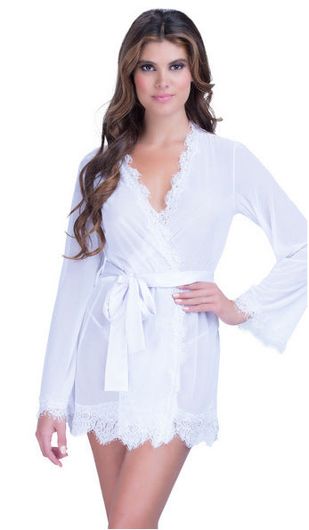 Peignoir de sous-vêtements sexy, pyjama kimono en dentelle à cils, ensemble de chemise de nuit à bandage européen et américain