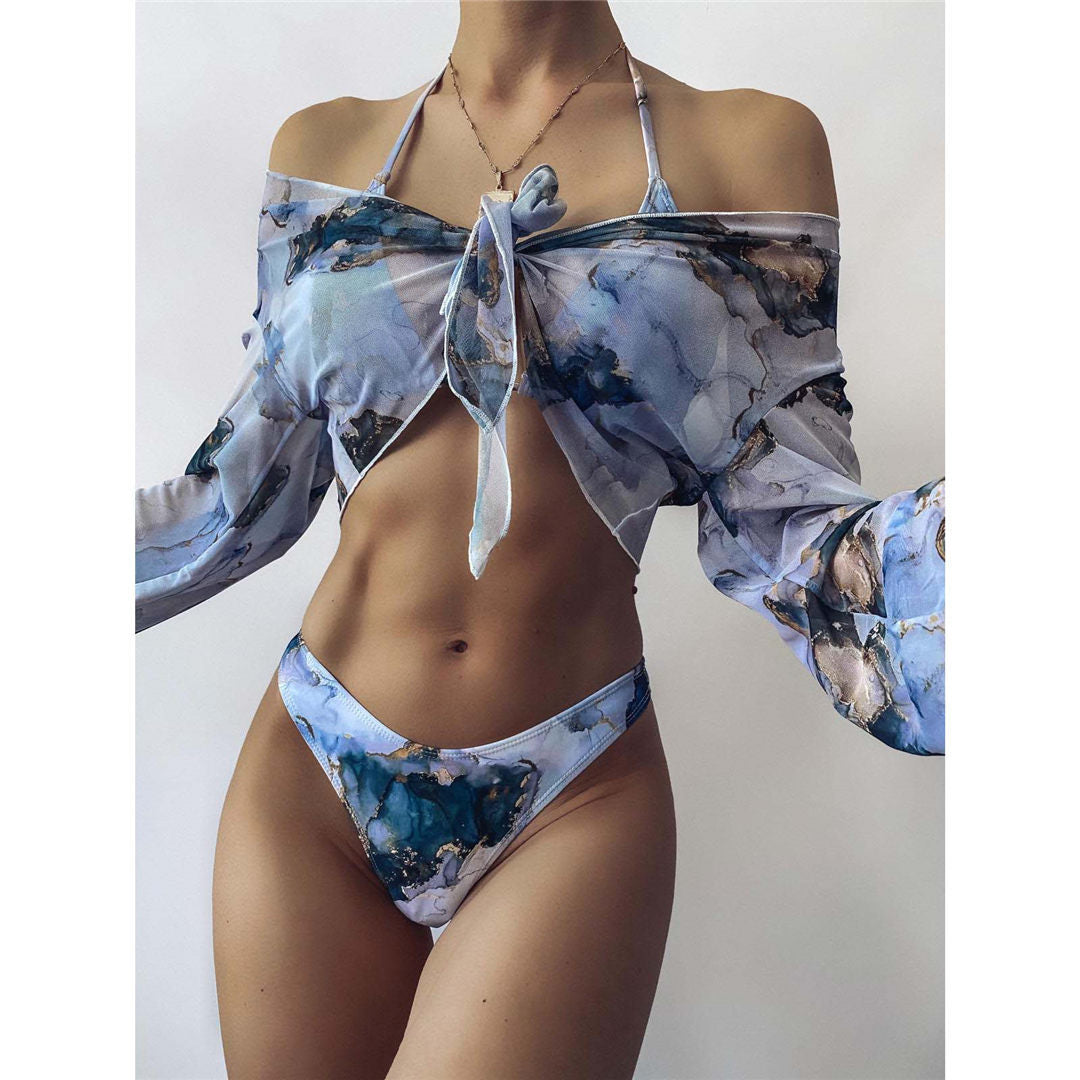 Ensemble trois pièces châle sexy à motif marbré tendance