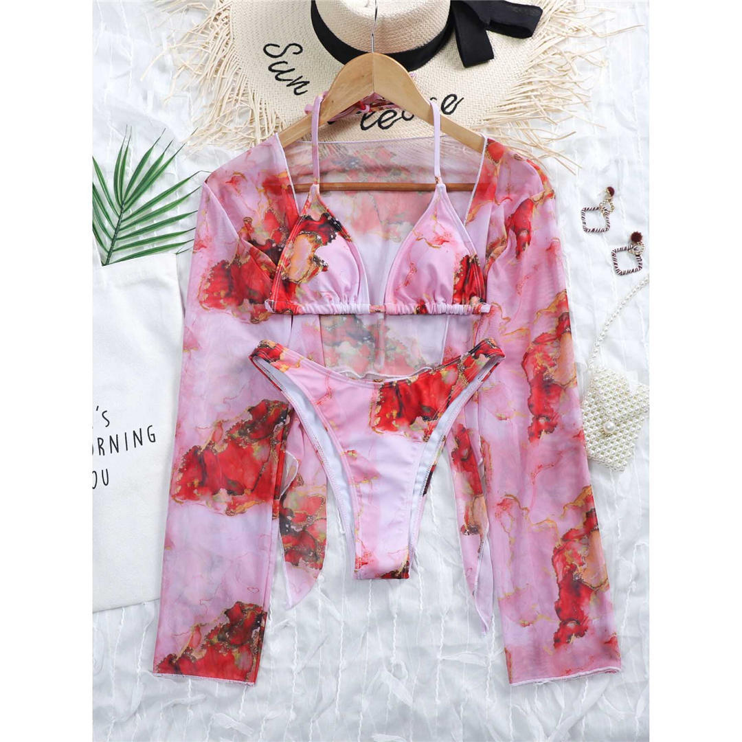 Ensemble trois pièces châle sexy à motif marbré tendance