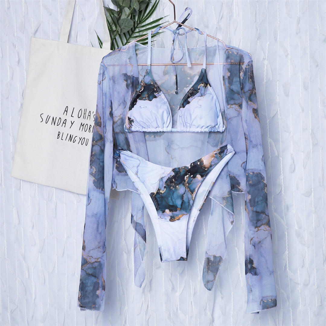 Ensemble trois pièces châle sexy à motif marbré tendance