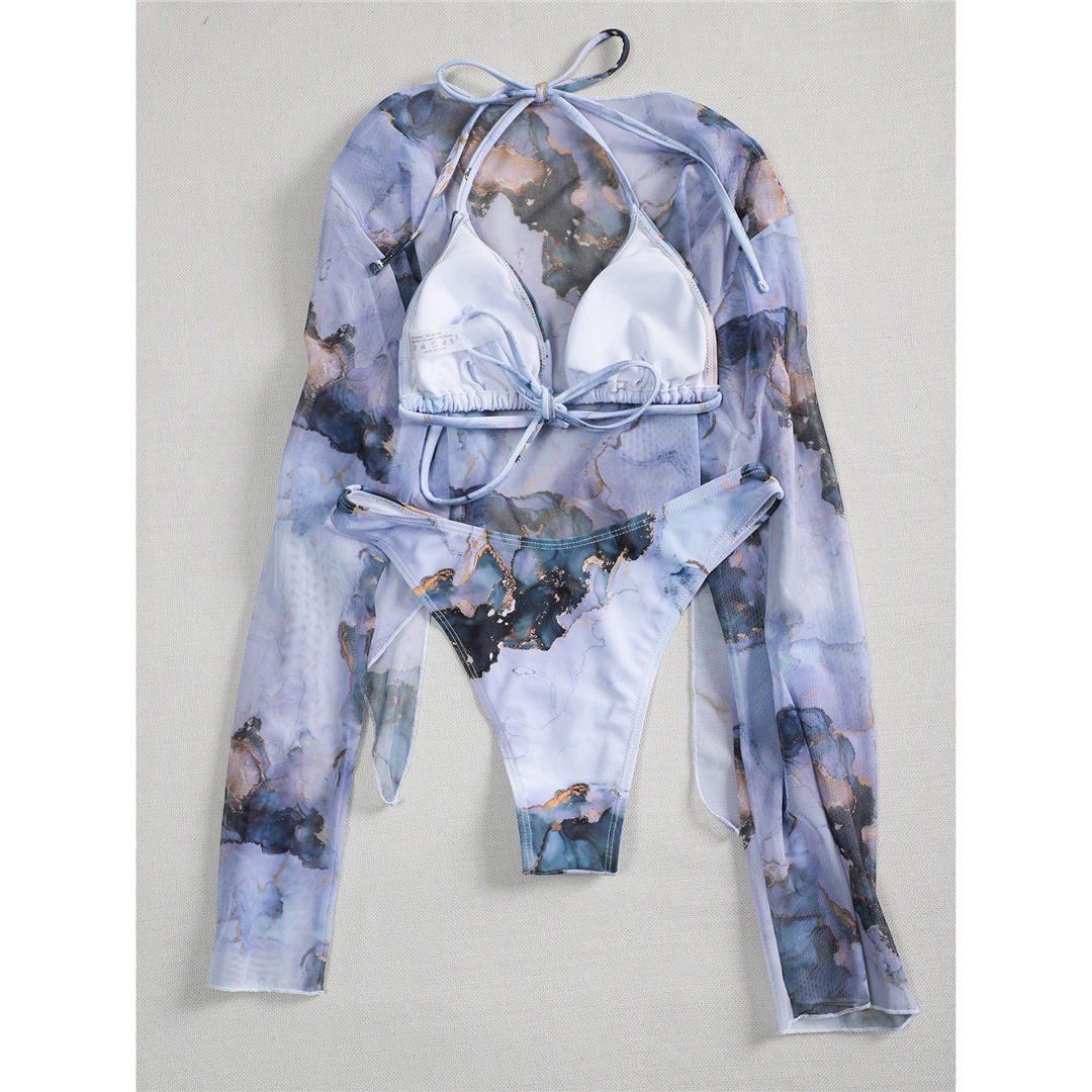 Ensemble trois pièces châle sexy à motif marbré tendance