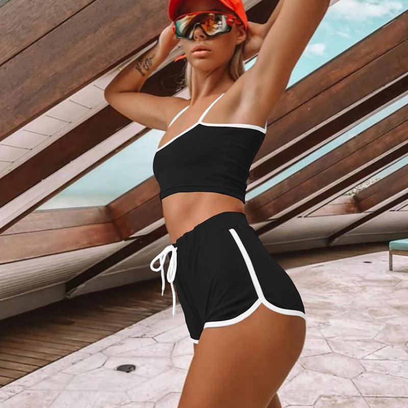 Ensemble deux pièces Sexy à bretelles et short taille haute, ensemble short à cordon de serrage pour femmes