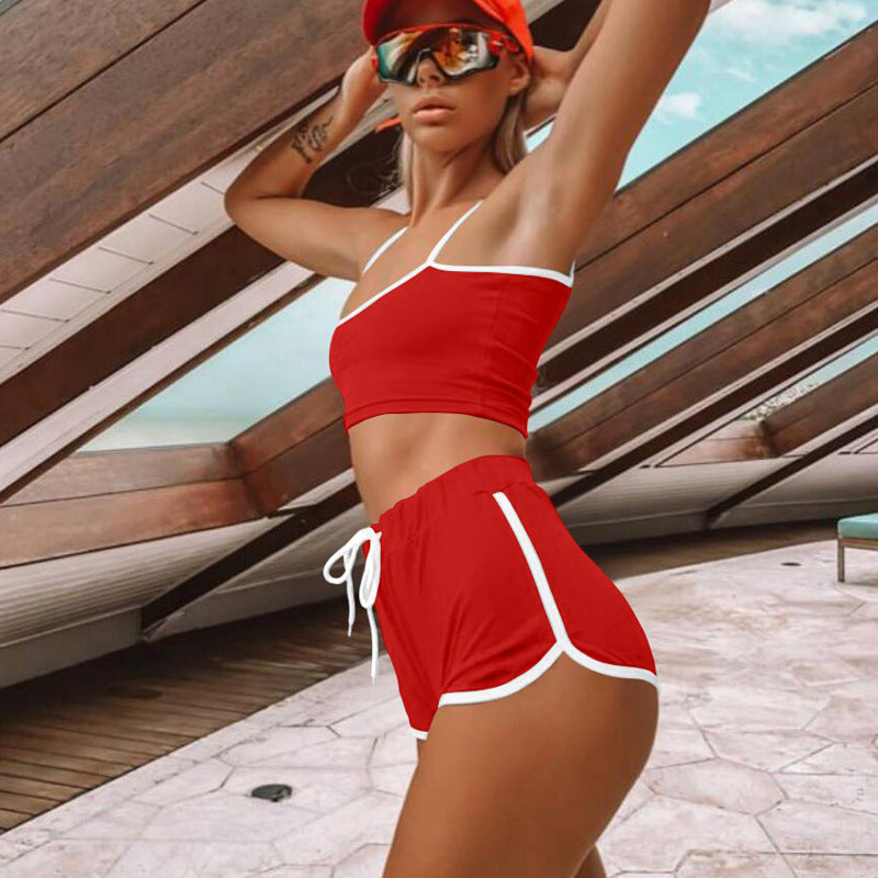 Ensemble deux pièces Sexy à bretelles et short taille haute, ensemble short à cordon de serrage pour femmes