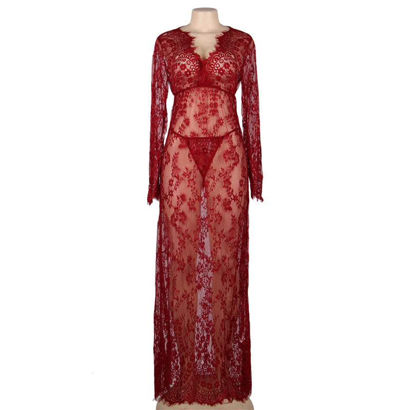 European And American Sexy Lingerie Plant Flower Hollow Eyelashes Perspective Lace Long-sleeved One-piece Dress