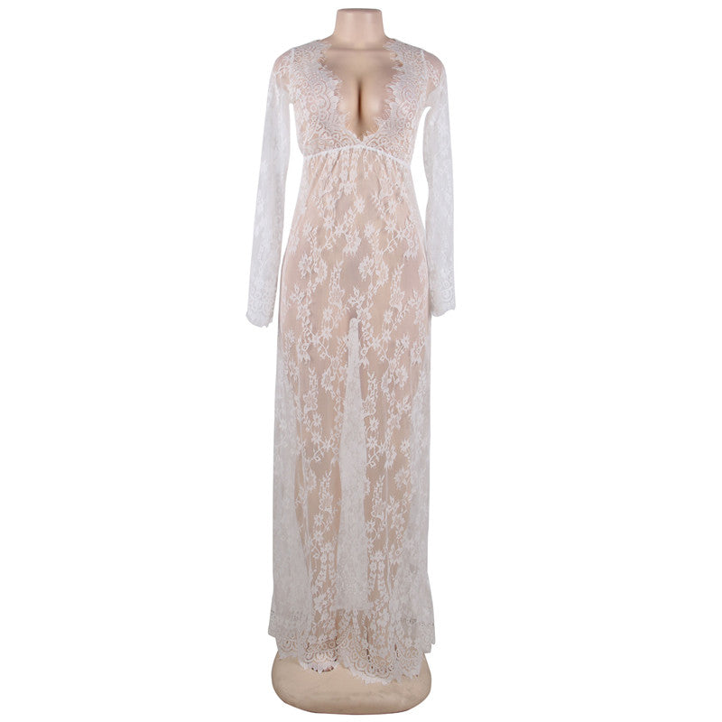 European And American Sexy Lingerie Plant Flower Hollow Eyelashes Perspective Lace Long-sleeved One-piece Dress
