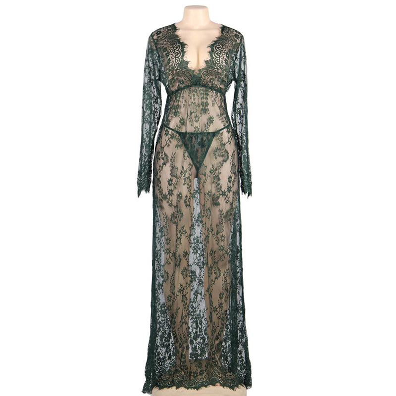 European And American Sexy Lingerie Plant Flower Hollow Eyelashes Perspective Lace Long-sleeved One-piece Dress