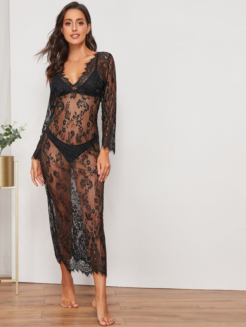 European And American Sexy Lingerie Plant Flower Hollow Eyelashes Perspective Lace Long-sleeved One-piece Dress