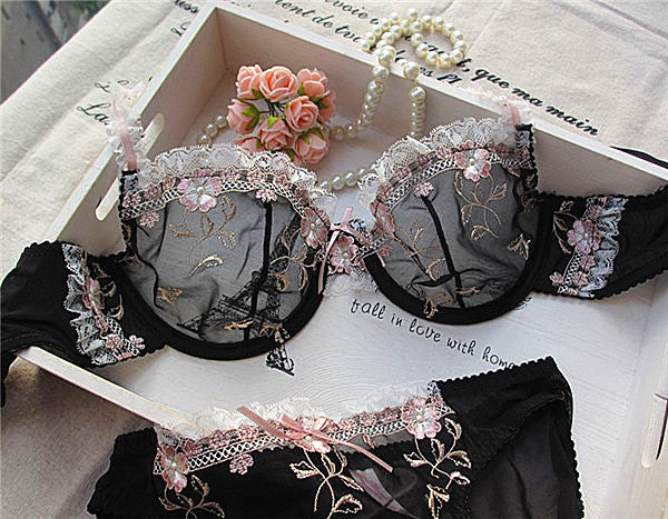 Soutien-gorge à coupe ultra-fine Xianmei racine de lotus broderie rose nouvel ensemble de soutien-gorge transparent sexy