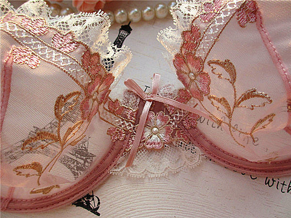 Soutien-gorge à coupe ultra-fine Xianmei racine de lotus broderie rose nouvel ensemble de soutien-gorge transparent sexy