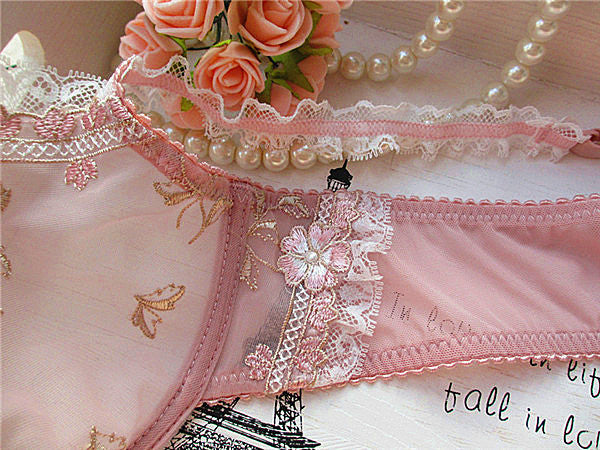 Soutien-gorge à coupe ultra-fine Xianmei racine de lotus broderie rose nouvel ensemble de soutien-gorge transparent sexy