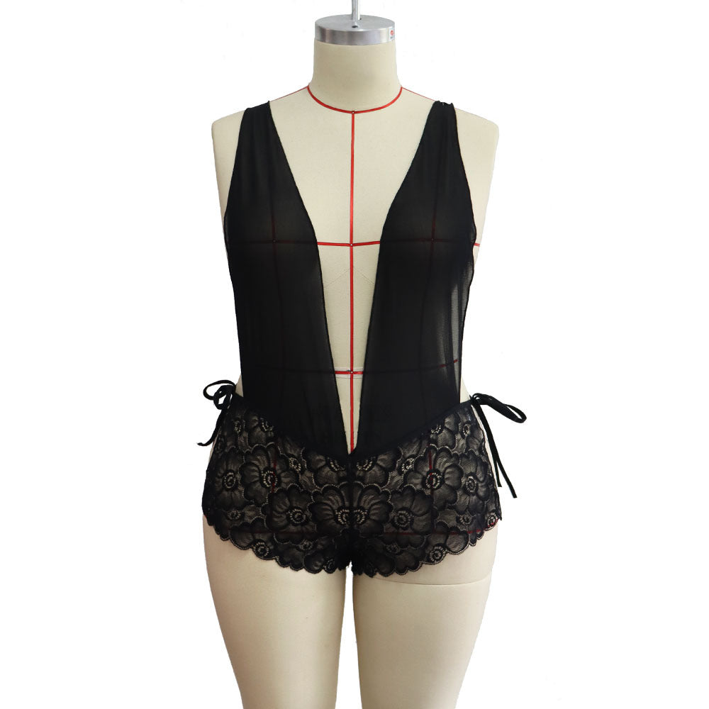 Lingerie Sexy grande taille pour femmes, dentelle transparente, collant une pièce, chemise de nuit